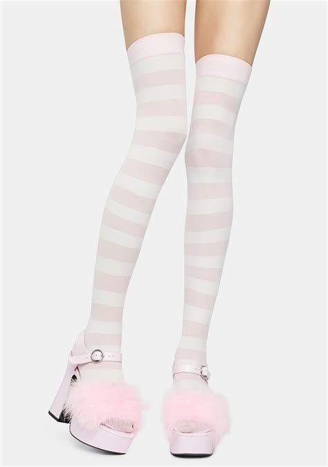 wide stripe thigh high socks pink white dolls kill