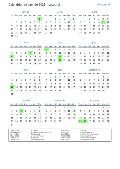 Calendrier 2023 Avec Jours Fériés Au Lesotho Imprimer Et Télécharger