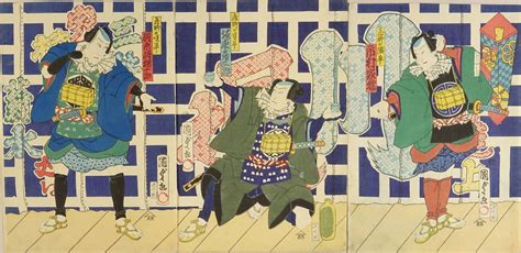 kunisada ii a scene of a kabuki performance triptych japanese ukiyo e prints hara shobo