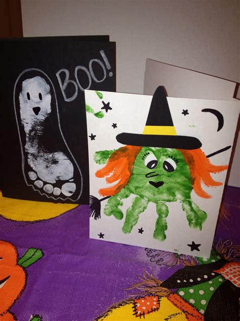 Halloween Card Craft For Kids Witch Handprint And Ghost Footprint