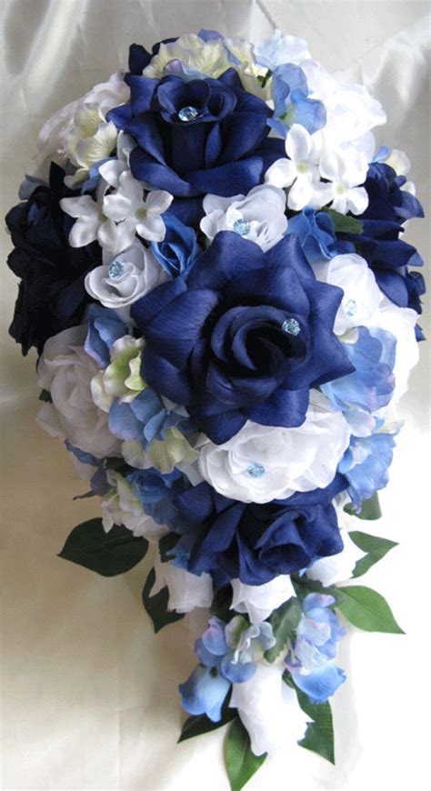 Wedding Bouquet Bridal Silk Flower 17 Pieces Package Navy Blue Etsy