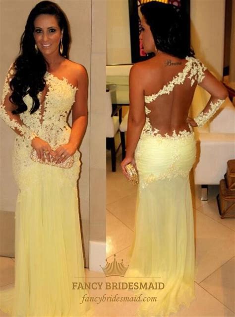 Yellow One Shoulder Illusion Back Sheath Prom Dress With Applique