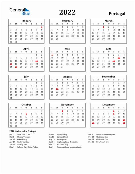 Free Printable 2022 Portugal Holiday Calendar