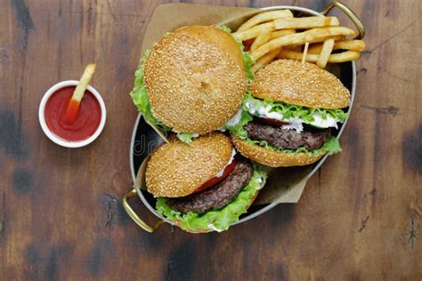 Burgers Beef Cutlets French Fries Ketchup Top View Stock Photo Image