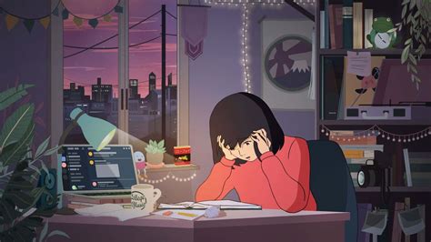 Download Lo Fi Anime Chill Girl On Study Table Wallpaper