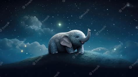 Un Elefante Bebé Está En Una Colina Con Un Cielo Estrellado De Fondo