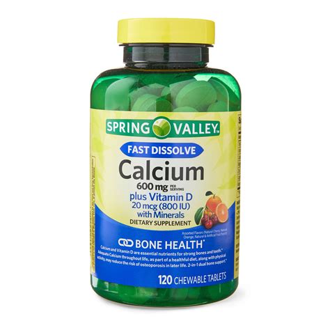 spring valley fast dissolve calcium 600 mg plus vitamin d 20 mcg with minerals bone health