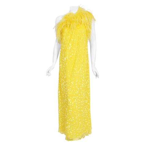 Vintage 1970s Mollie Parnis Bright Yellow Flocked Silk One Shoulder
