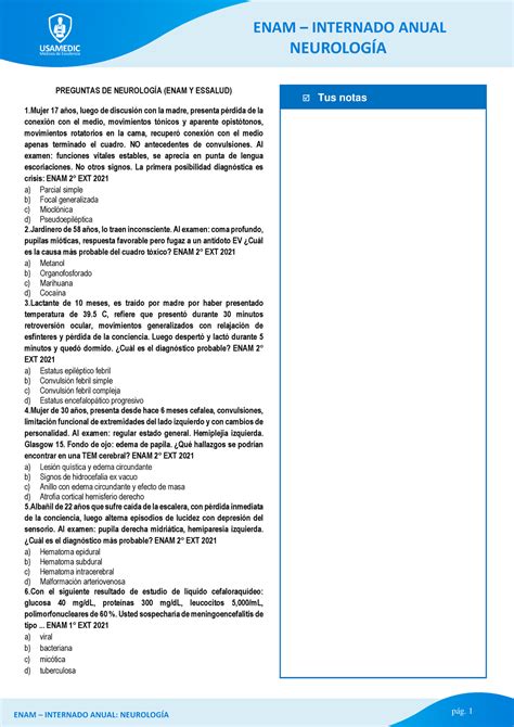 Banqueo DE Neurologia ENAM Internado Anual Usamedic Print Tus Notas