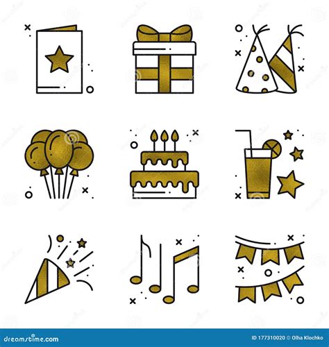 Birthday Party Icons Set in Gold. Golden Birthday Symbols and Basic