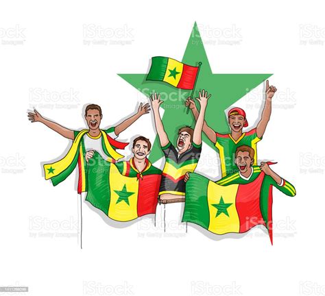 Kelompok Lima Penggemar Sepak Bola Merayakan Dengan Bendera Nasional