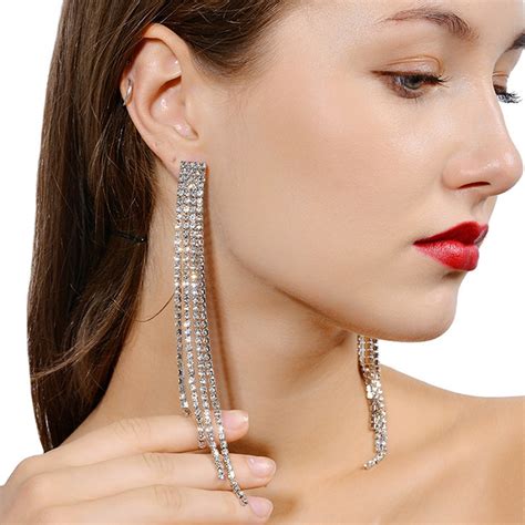 Sexy Exaggerated Long Tassel Rhinestone Dangle Earrings For Women Shiny