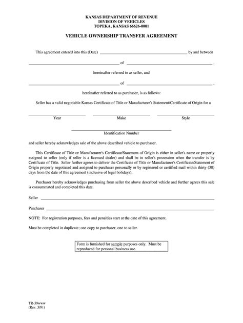 Transfer Of Vehicle Ownership Agreement Template Fill Out And Sign