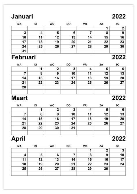 Kalender Januari Februari Maart April 2022