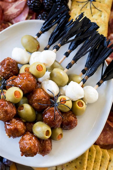 Halloween Charcuterie Board And Meatball Skewers Halloween Food For