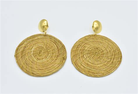Golden Grass Earrings Large Gold Disk Earrings Capim Etsy