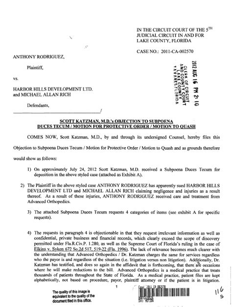 Motion Scott Katzman Mds Objection To Subpoena Duces Tecummotion