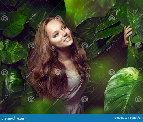 Girl In Green Mystical Forest Stock Image Image Of Girl Background