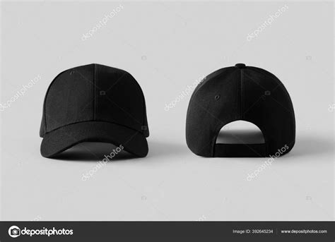 Black Baseball Caps Mockup Grey Background Front Back Side Stock Photo