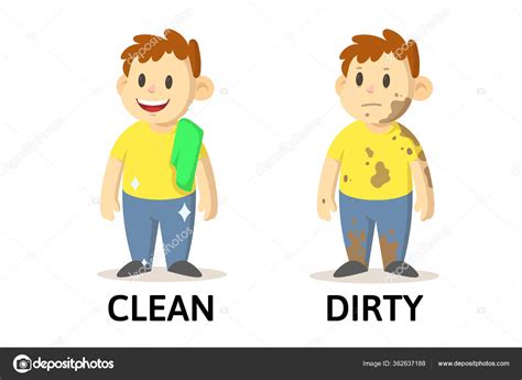 Words Clean And Dirty Flashcard With Cartoon Characters Opposite