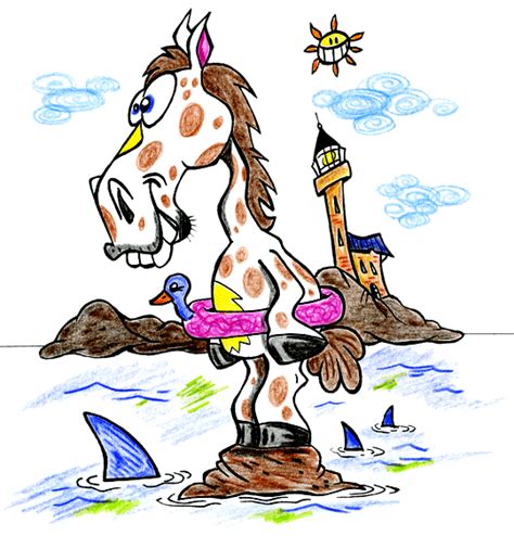 Le dessin nous montre un cheval marchant au pas. Le cheval est prêt pour la baignade avec sa bouée canard ...