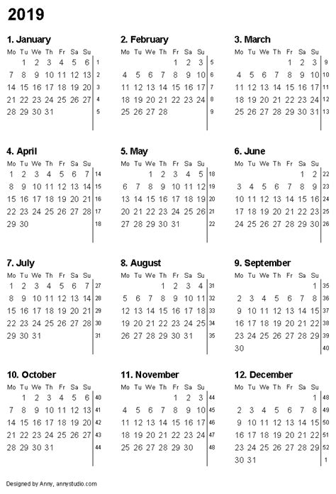 Printable Calendar 2019 With Month Numbers And Week Numbers Vertical