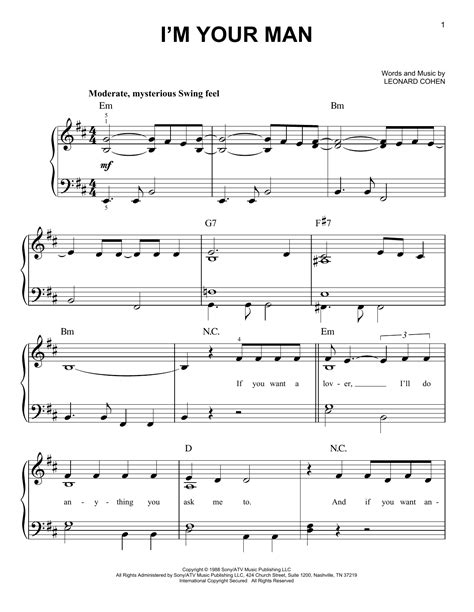 Make sure you do that in order to get the username and password codes for the beginner piano sheet music i provide here under. I'm Your Man Sheet Music | Leonard Cohen | Easy Piano
