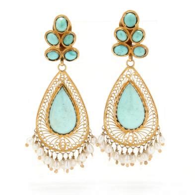 Gold Turquoise And Pearl Chandelier Earrings Lot Vintage And