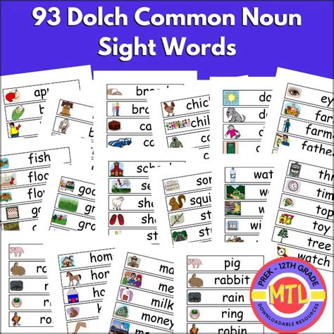 93 Dolch Common Noun Sight Words My Teaching Library