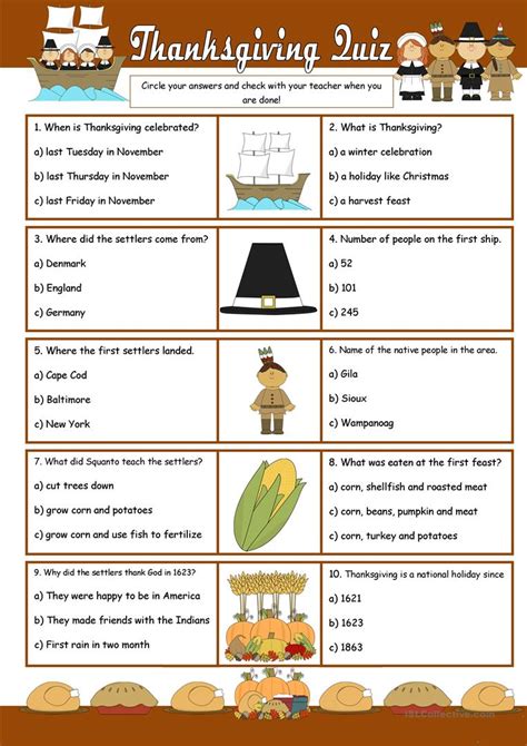 Thanksgiving Quiz English Esl Worksheets