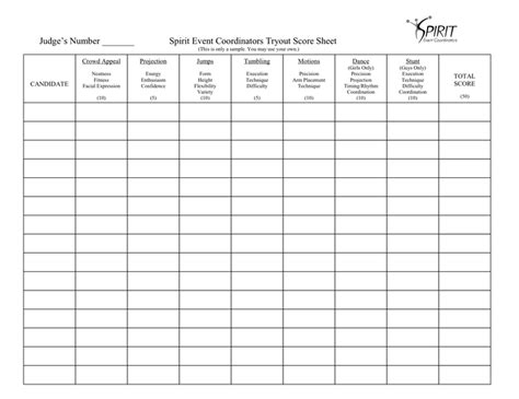 Spirit Event Coordiators Cheerleading Tryout Score Sheet