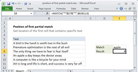 Position Of First Partial Match Excel Formula Exceljet