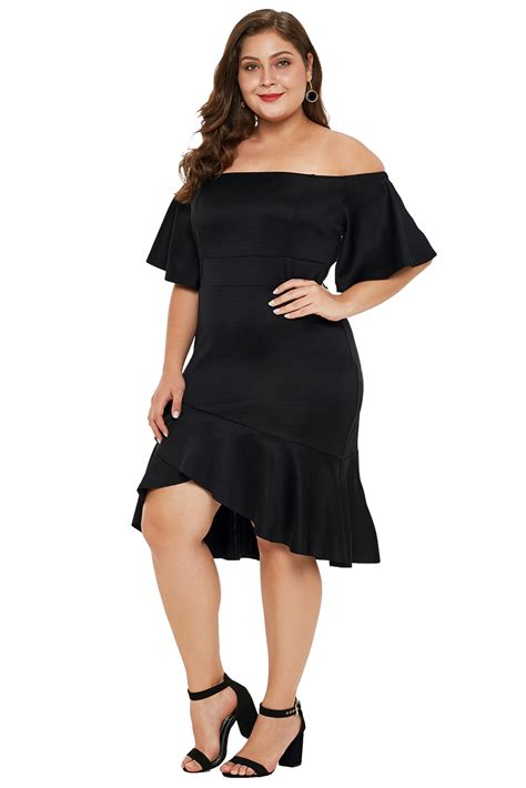 Maybe you would like to learn more about one of these? Black off shoulder plus size dress with ruffles women ...
