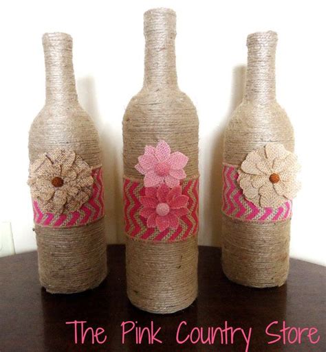 Decorative Twine Wrapped Wine Bottles With Pink Chevron Burlap And
