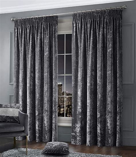 Thermal Crushed Velvet Charcoal Grey Pencil Pleated Pair Of Curtains