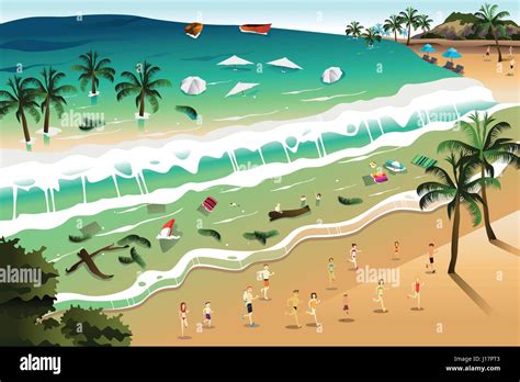 A Vector Illustration Of Giant Tsunami Waves Crashing Beach Stock