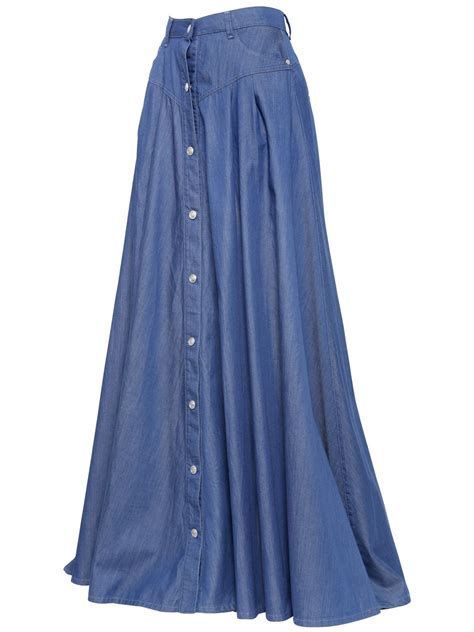 Balmain Long Cotton Blend Denim Skirt In Blue Lyst