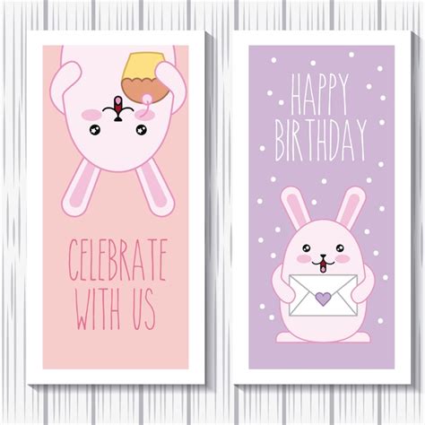 Premium Vector Happy Birthday Rabbits Kawaii Cartoon Celebrate Card