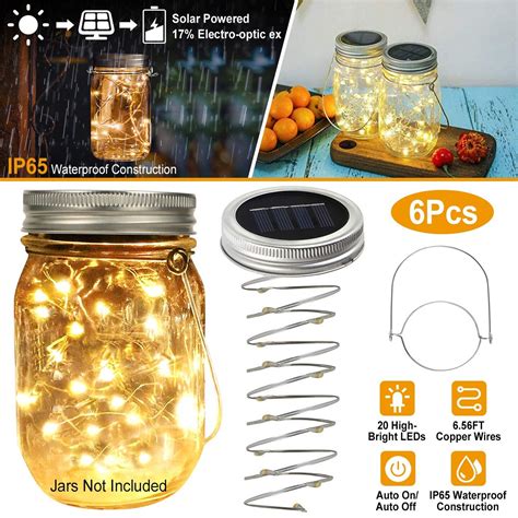 6 Pcs Solar Powered Mason Jar Lid Lights 20 Leds Fairy String Lights