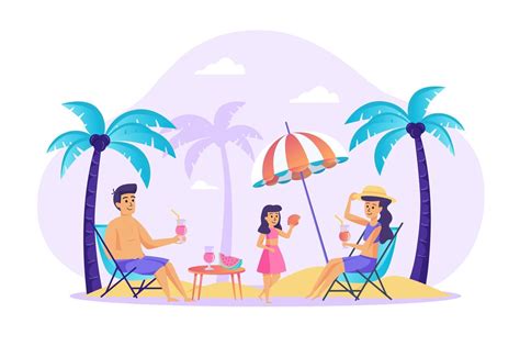 Família Descansando Na Praia Conceito Ilustração Vetorial De Personagens De Pessoas Em Design