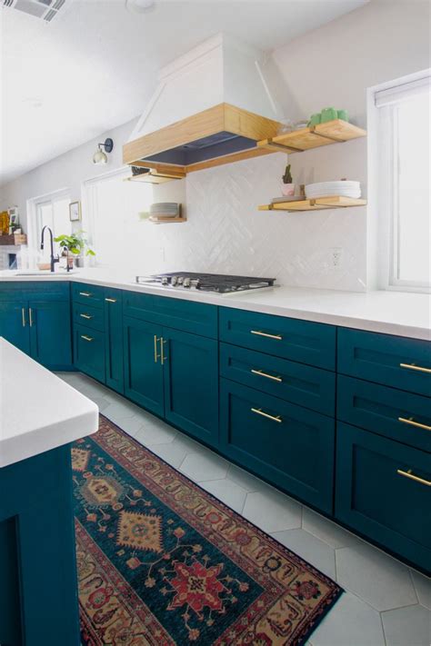 Deep Green Blue Cabinets And White Quartz Countertops Light Wood