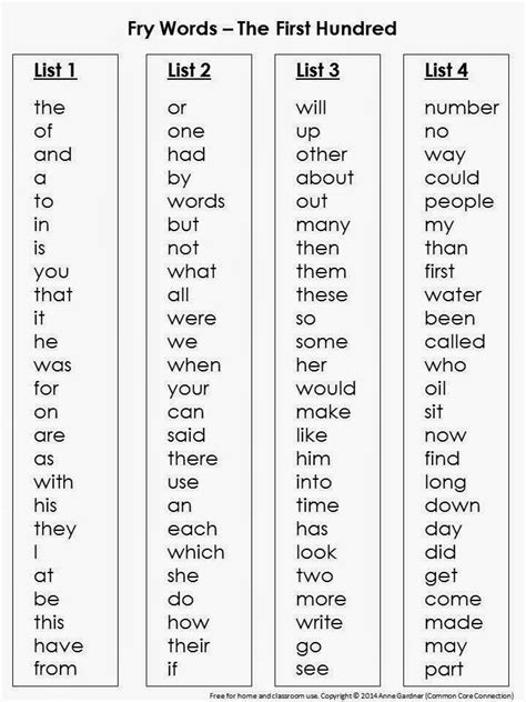 Free Printable Sight Words List References