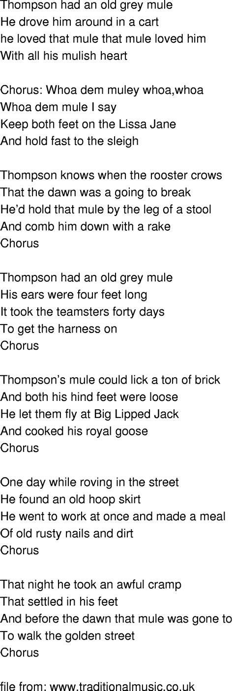 Old Time Song Lyrics Thompsons Old Grey Mule