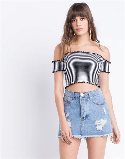 Ribbed Lettuce Edge Off The Shoulder Top In 2021 Crop Top Outfits Cute Simple Outfits Ladies