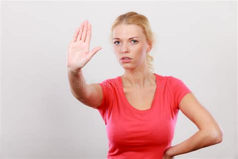 Woman Showing Stop Gesture With Open Hand Stock Photo Image Of Danger