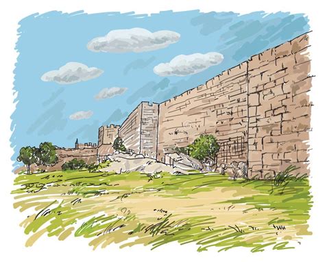 Hand Drawing Jerusalem Old City Wall And King David Tower Stock Vector