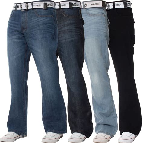 Kruze Denim Bootcut Jeans Mens Wide Leg Flare Pants Belted Trouser Uk