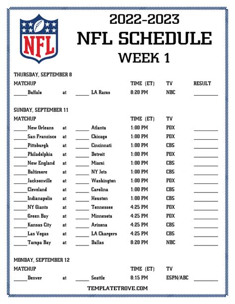 Printable Nfl Schedule All Teams Includes Game Times Tv Listings And