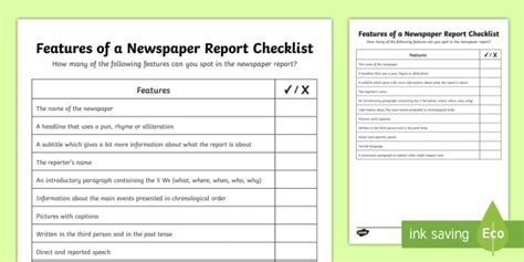 Its familiar layout, with columns, headlines, bylines, captions, and more, makes this newspaper article template easy to navigate for any reader. KS2 Features of a Newspaper Report Checklist - Twinkl