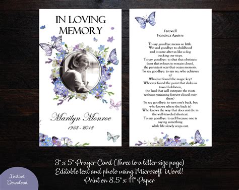 Printable Funeral Prayer Card 3 X 5 Memorial Prayer Card Etsy